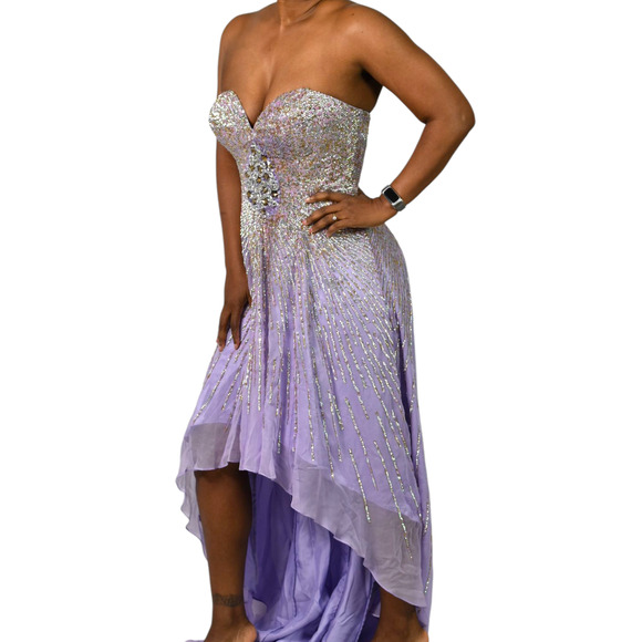 Sherri Hill Silk Dress Purple Sequin Sweetheart Hi Low Strapless Gown Formal 8 - Picture 1 of 16